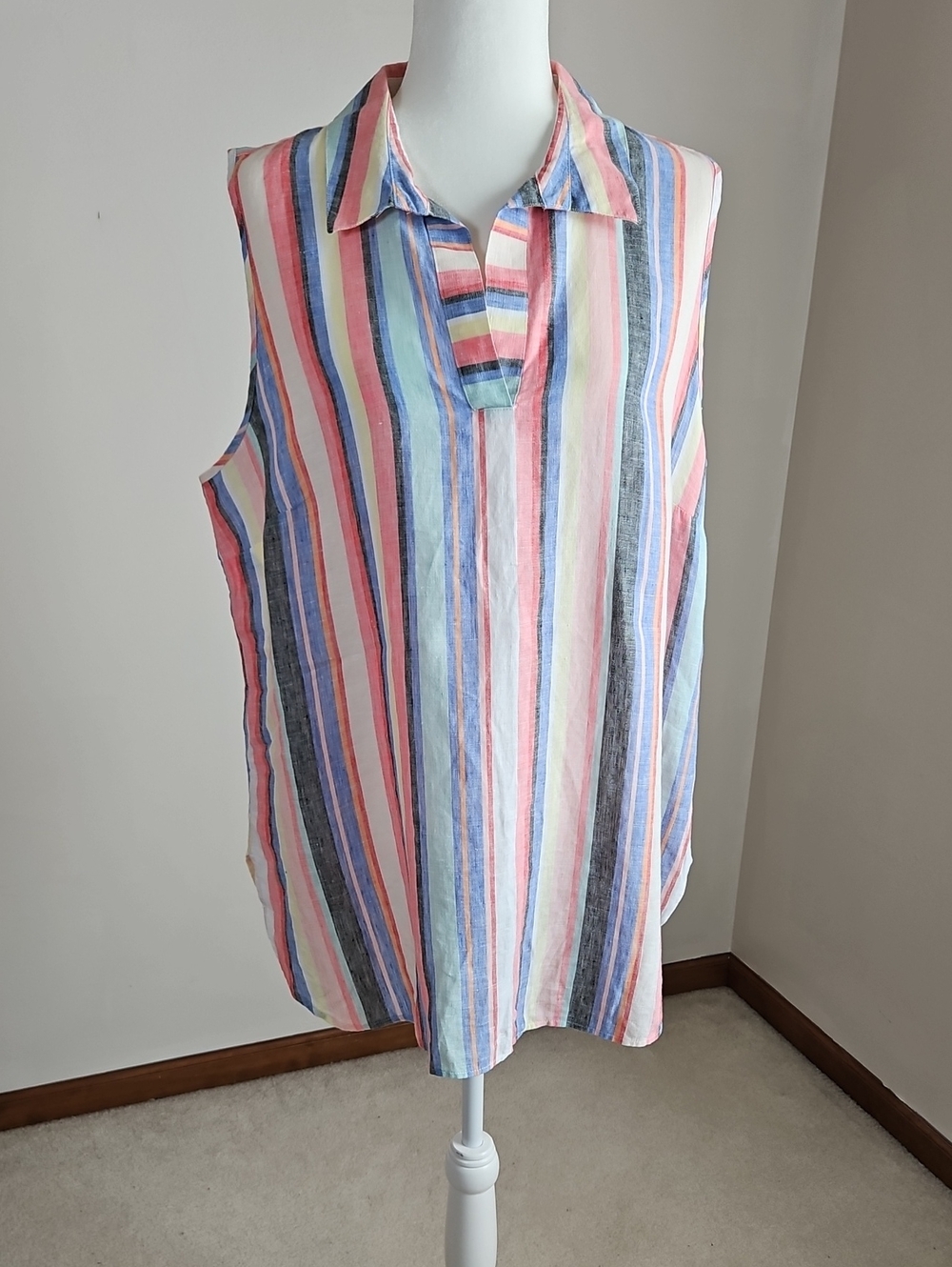 Chicos SZ14 Fresh Chic Linen Rainbow Striped Popover Tunic Top Coastal
